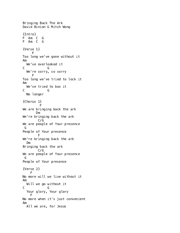 Bringing Back The Ark Chords & Lyrics (David & Nicole Binion / William McDowell)