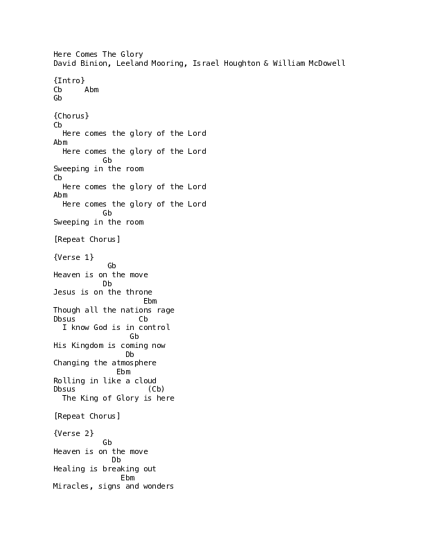 Here Comes The Glory Chord Chart (David & Nicole Binion / William McDowell)