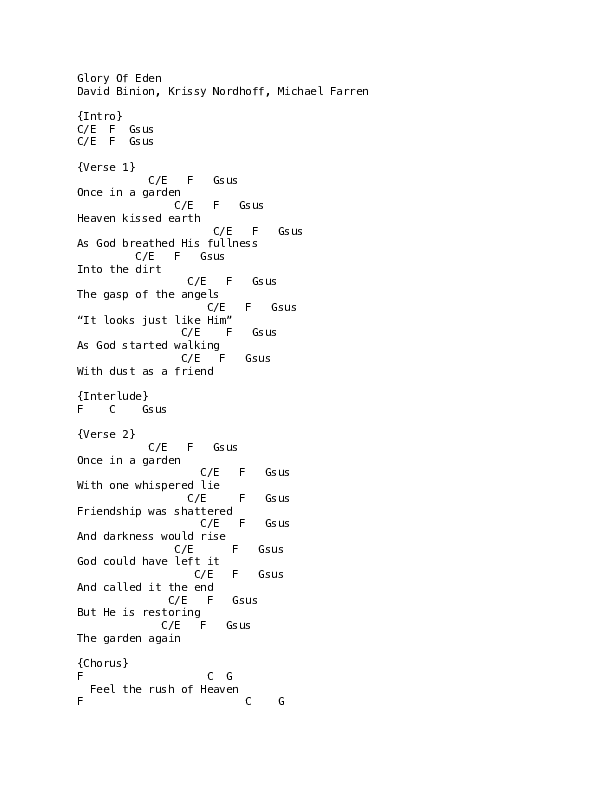 Glory Of Eden Chords & Lyrics (David & Nicole Binion)