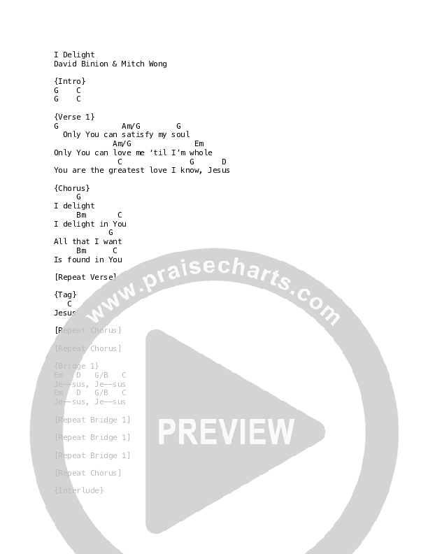 I Delight Chord Chart (David & Nicole Binion)