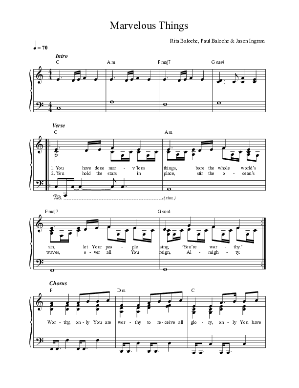 Marvelous Things Lead Sheet (Paul Baloche / Kari Jobe)
