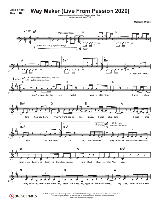 Way Maker (Live From Passion 2020) Lead Sheet (Melody) (Passion / Kristian Stanfill / Cody Carnes / Kari Jobe)