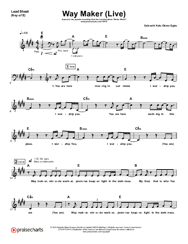 Way Maker (Single) Lead Sheet (Melody) (Leeland)