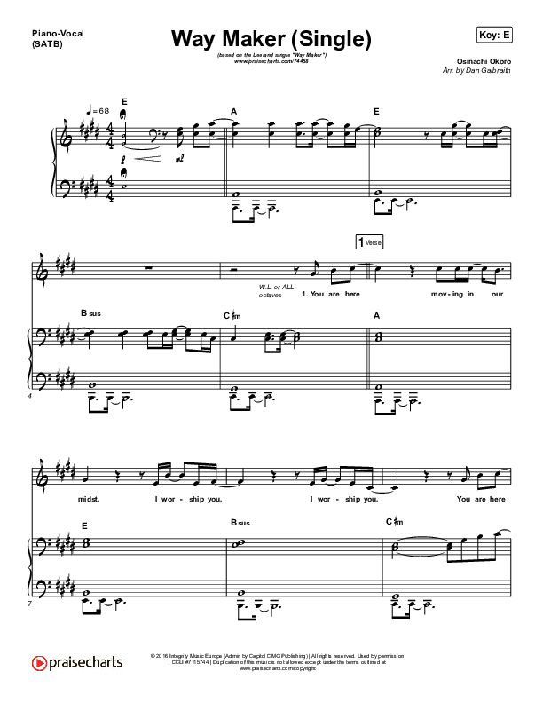 Way Maker (Single) Piano/Vocal (SATB) (Leeland)