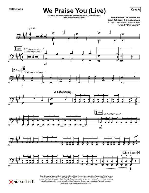 We Praise You (Live) Cello/Bass (Bethel Music / Brandon Lake)