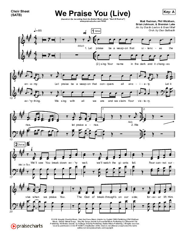 We Praise You (Live) Choir Sheet (SATB) (Bethel Music / Brandon Lake)
