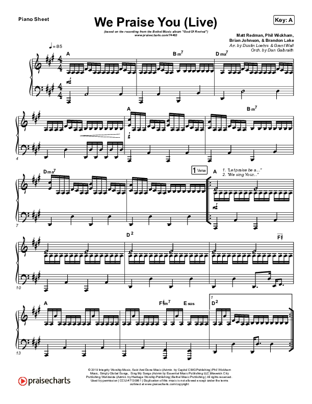 We Praise You (Live) Piano Sheet (Bethel Music / Brandon Lake)