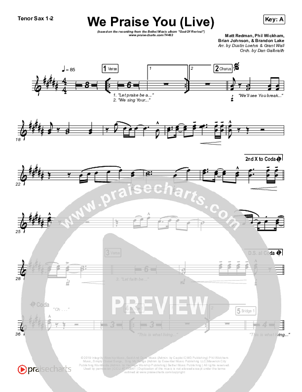 We Praise You (Live) Tenor Sax 1/2 (Bethel Music / Brandon Lake)