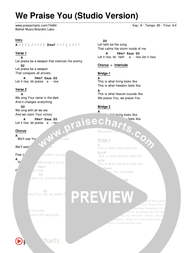 We Praise You (Studio) Chords & Lyrics (Bethel Music / Brandon Lake)