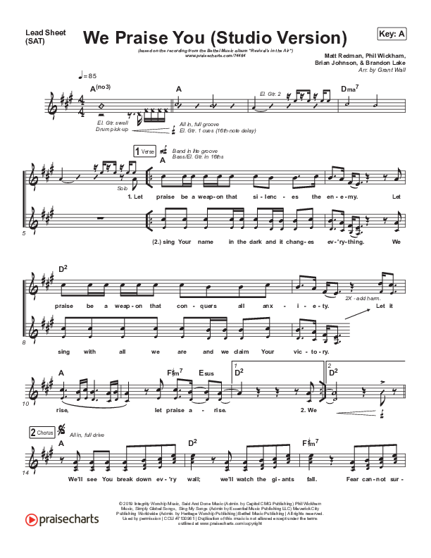 We Praise You (Studio) Lead Sheet (SAT) (Bethel Music / Brandon Lake)