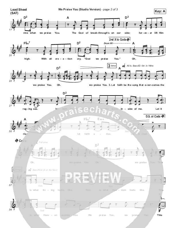 We Praise You (Studio) Lead Sheet (SAT) (Bethel Music / Brandon Lake)