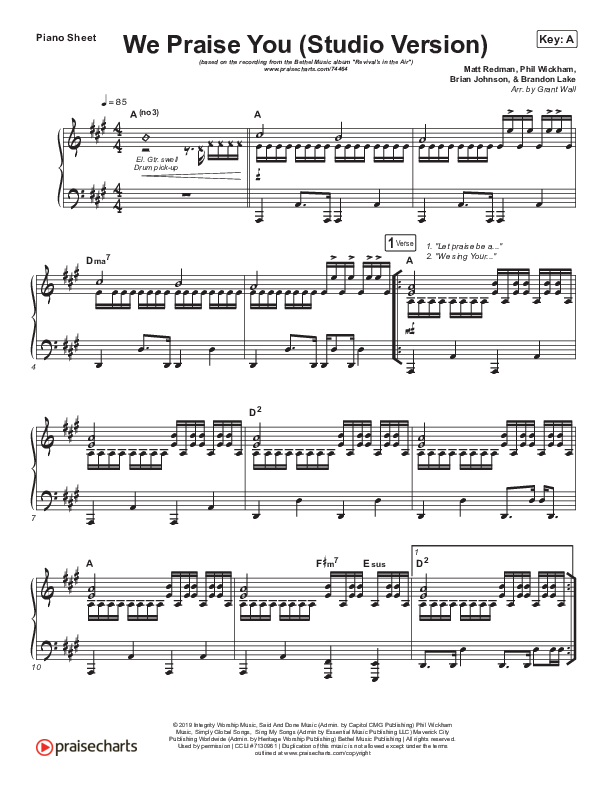 We Praise You (Studio) Piano Sheet (Bethel Music / Brandon Lake)