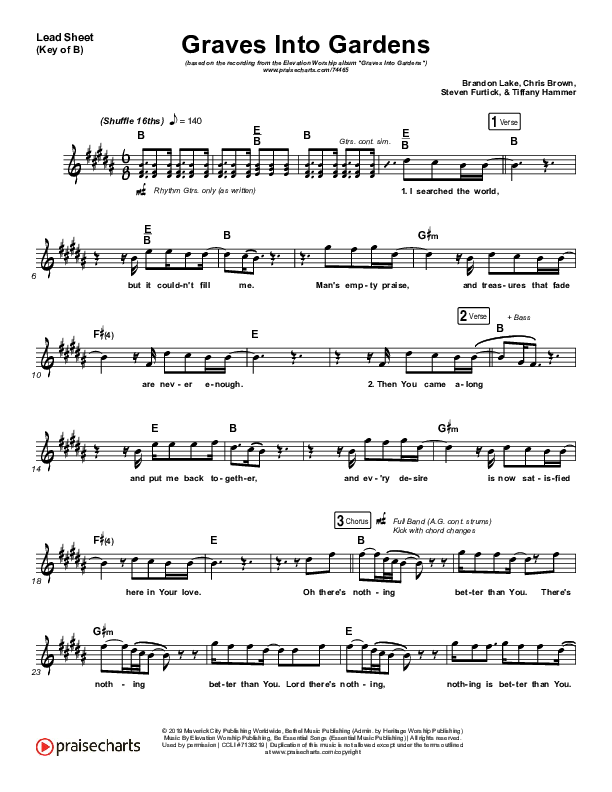 Graves Into Gardens (Live) Lead Sheet (Melody) (Elevation Worship / Brandon Lake)