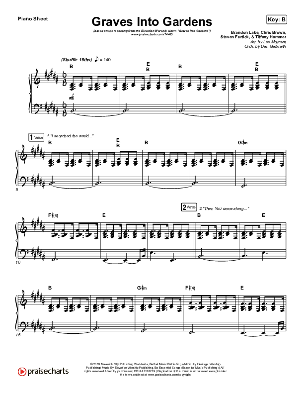 Graves Into Gardens (Live) Piano Sheet (Elevation Worship / Brandon Lake)