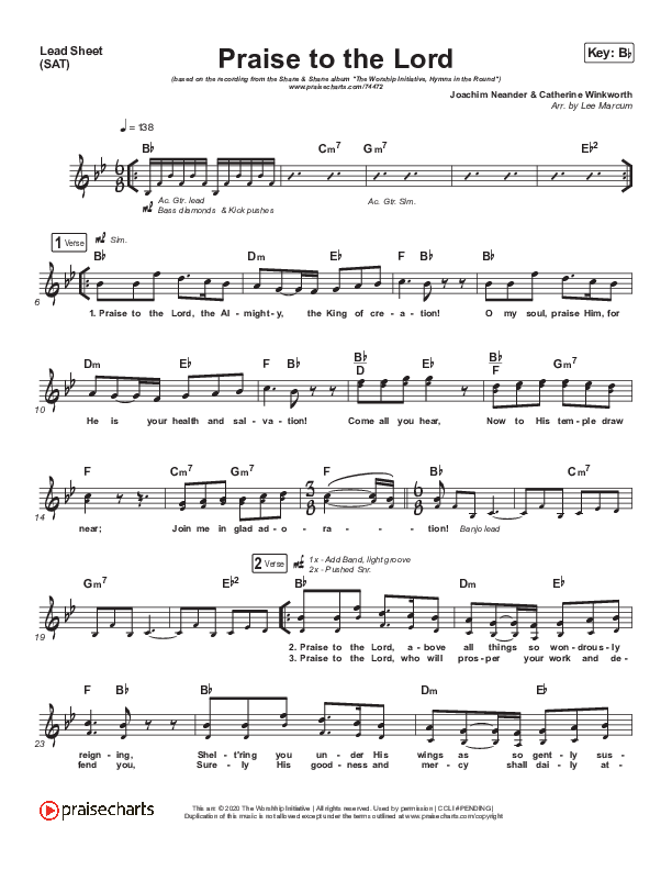 Praise To The Lord Lead Sheet (SAT) (Shane & Shane/The Worship Initiative)
