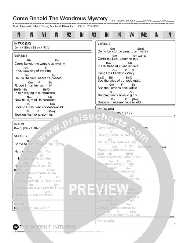Come Behold The Wondrous Mystery Chords & Lyrics (Shane & Shane/The Worship Initiative)