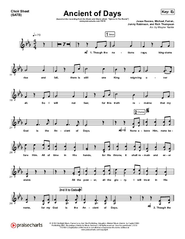 Ancient Of Days Choir Sheet (SATB) (Shane & Shane/The Worship Initiative)