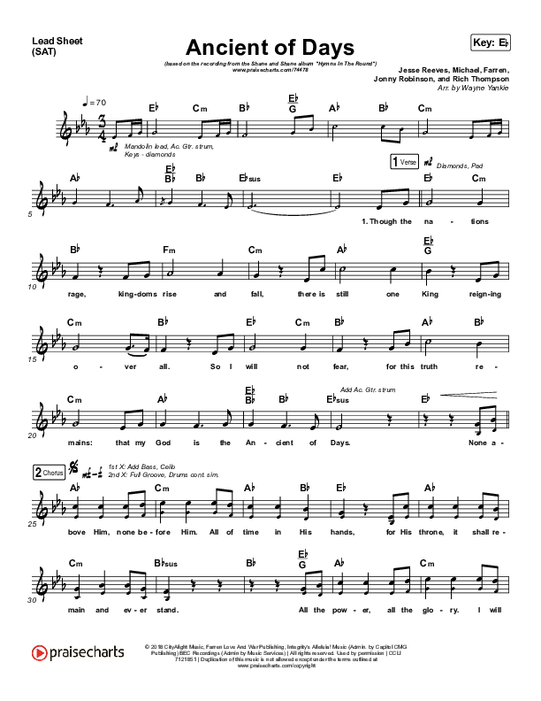 Ancient Of Days Lead Sheet (SAT) (Shane & Shane/The Worship Initiative)