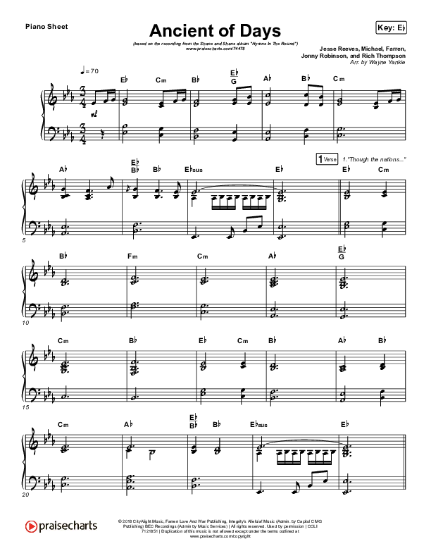Ancient Of Days Piano Sheet (Shane & Shane/The Worship Initiative)