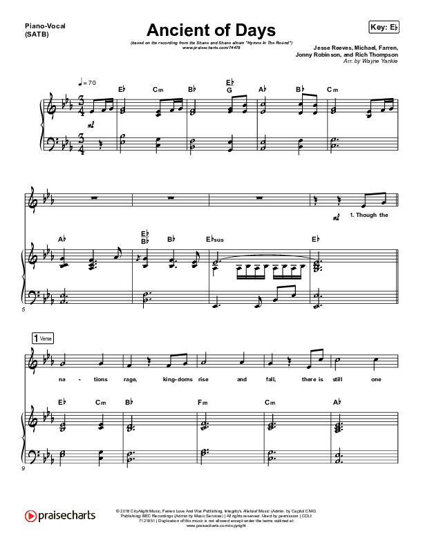 Ancient Of Days Piano/Vocal (SATB) (Shane & Shane/The Worship Initiative)