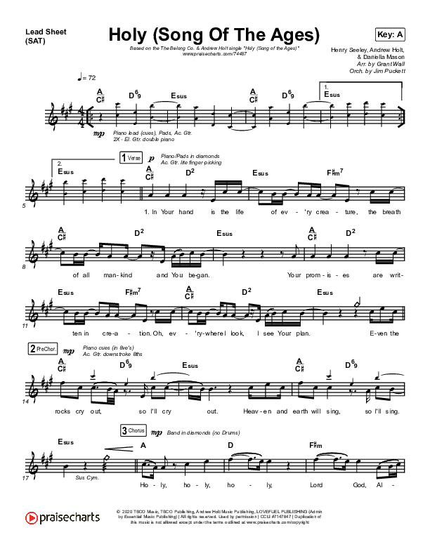 Holy (Song Of The Ages) Lead Sheet (SAT) (The Belonging Co / Andrew Holt)