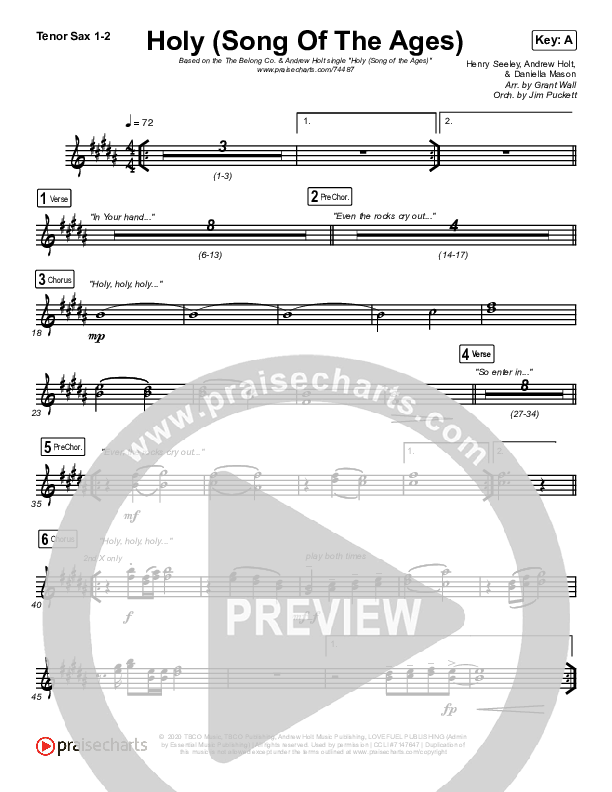 Holy (Song Of The Ages) Tenor Sax 1/2 (The Belonging Co / Andrew Holt)
