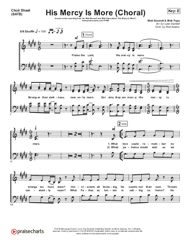 His Mercy Is More (Choral Anthem SATB) Choir Sheet (SATB) (Matt Papa / Matt Boswell / Arr. Luke Gambill)