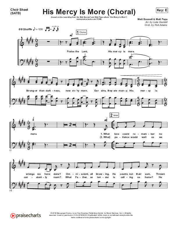 His Mercy Is More (Choral Anthem SATB) Choir Sheet (SATB) (Matt Papa / Matt Boswell / Arr. Luke Gambill)