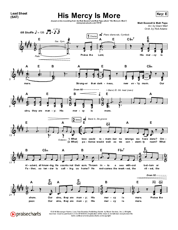 His Mercy Is More (Choral Anthem SATB) Lead Sheet (SAT) (Matt Papa / Matt Boswell / Arr. Luke Gambill)