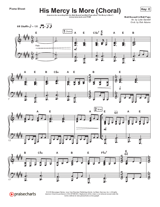 His Mercy Is More (Choral Anthem SATB) Piano Sheet (Matt Papa / Matt Boswell / Arr. Luke Gambill)