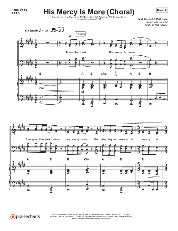 His Mercy Is More (Choral Anthem SATB) Piano/Vocal (SATB) (Matt Papa / Matt Boswell / Arr. Luke Gambill)