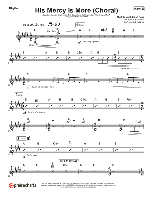His Mercy Is More (Choral Anthem SATB) Rhythm Chart (Matt Papa / Matt Boswell / Arr. Luke Gambill)