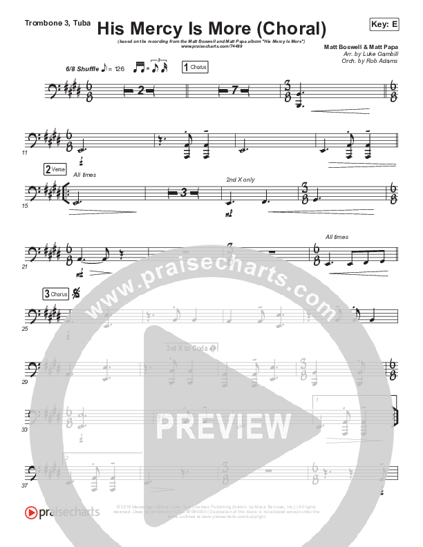 His Mercy Is More (Choral Anthem SATB) Trombone 3/Tuba (Matt Papa / Matt Boswell / Arr. Luke Gambill)
