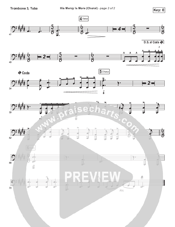 His Mercy Is More (Choral Anthem SATB) Trombone 3/Tuba (Matt Papa / Matt Boswell / Arr. Luke Gambill)