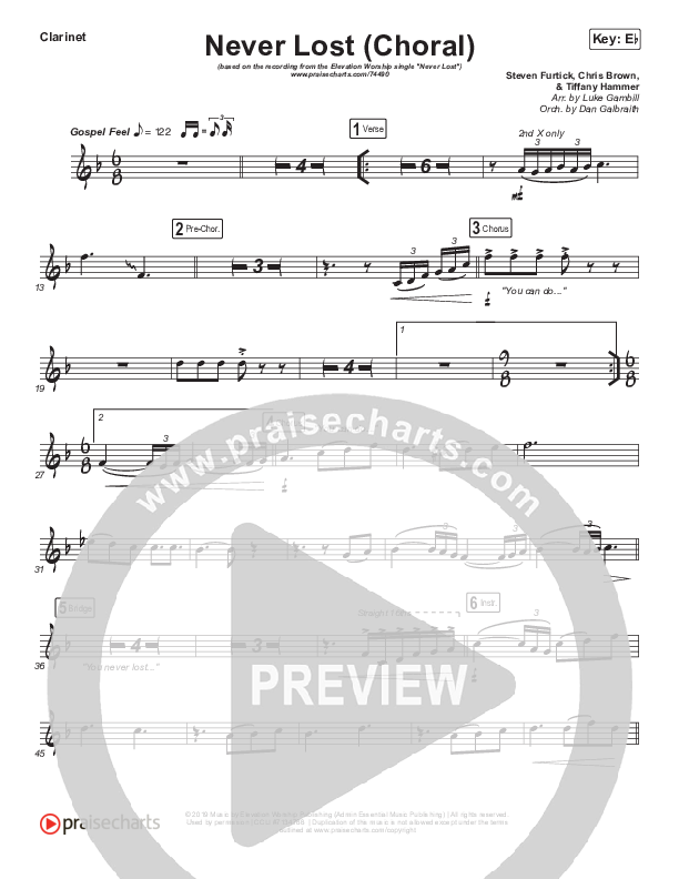 Never Lost (Choral Anthem SATB) Clarinet (Elevation Worship / Arr. Luke Gambill)