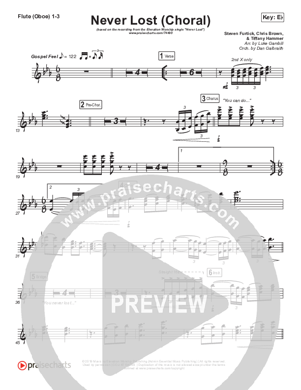 Never Lost (Choral Anthem SATB) Flute/Oboe 1/2/3 (Elevation Worship / Arr. Luke Gambill)