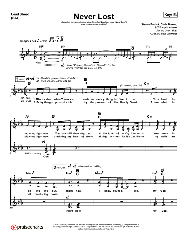 Never Lost (Choral Anthem SATB) Lead Sheet (SAT) (Elevation Worship / Arr. Luke Gambill)