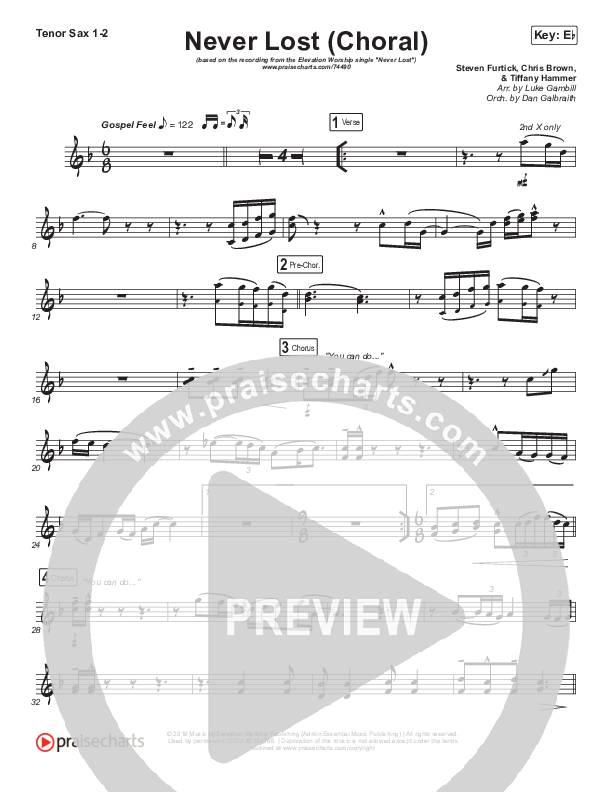 Never Lost (Choral Anthem SATB) Tenor Sax 1/2 (Elevation Worship / Arr. Luke Gambill)