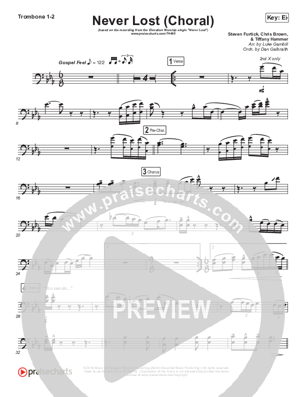 Never Lost (Choral Anthem SATB) Trombone 1/2 (Elevation Worship / Arr. Luke Gambill)