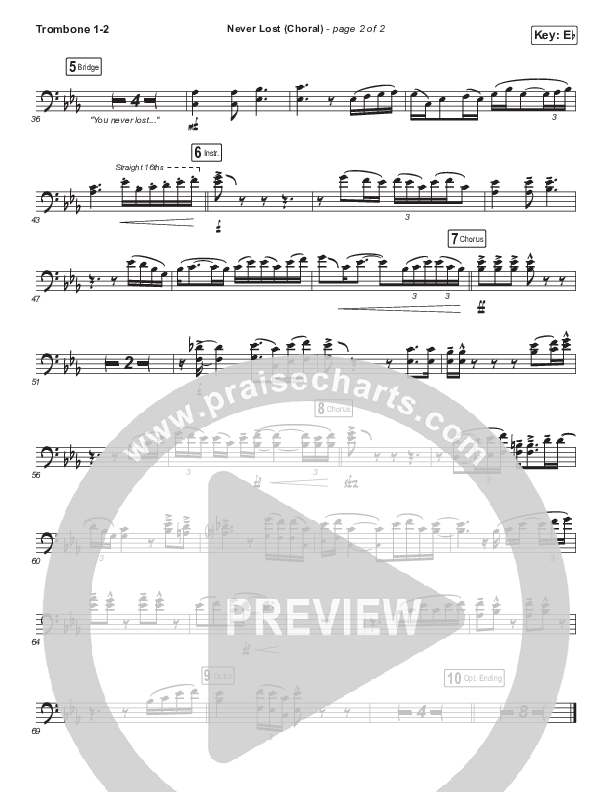 Never Lost (Choral Anthem SATB) Trombone 1/2 (Elevation Worship / Arr. Luke Gambill)