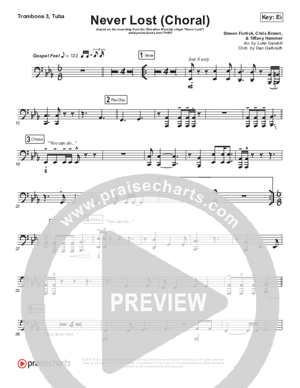 Never Lost (Choral Anthem SATB) Trombone 3/Tuba (Elevation Worship / Arr. Luke Gambill)