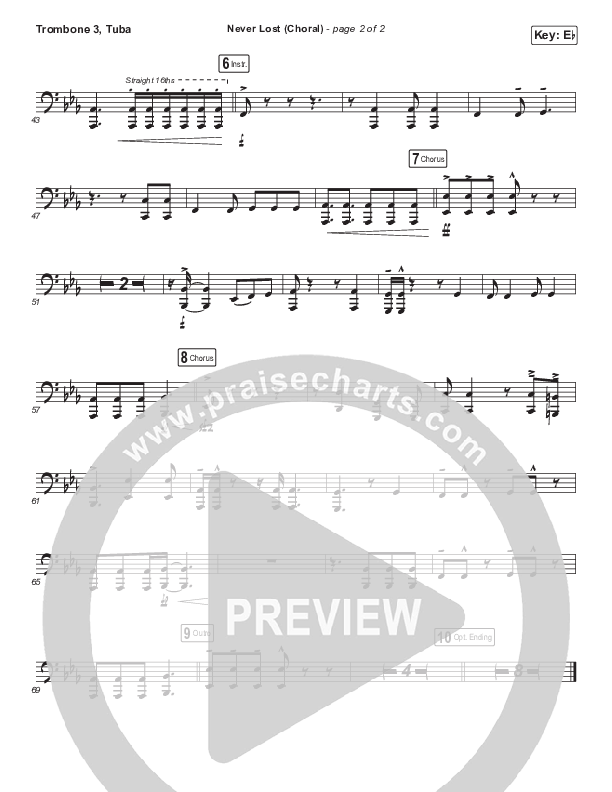 Never Lost (Choral Anthem SATB) Trombone 3/Tuba (Elevation Worship / Arr. Luke Gambill)