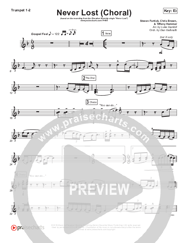 Never Lost (Choral Anthem SATB) Trumpet 1,2 (Elevation Worship / Arr. Luke Gambill)