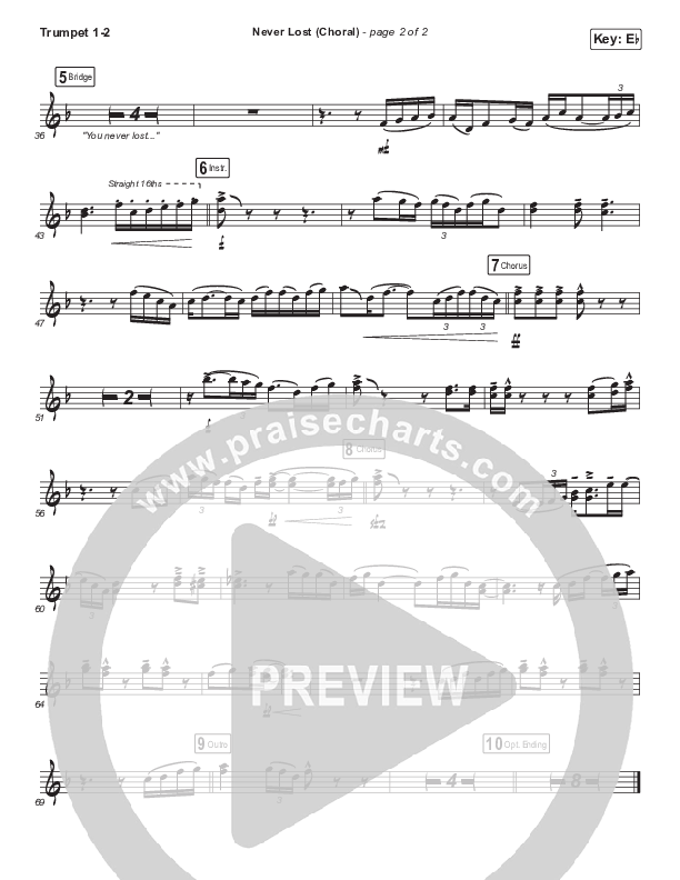 Never Lost (Choral Anthem SATB) Trumpet 1,2 (Elevation Worship / Arr. Luke Gambill)
