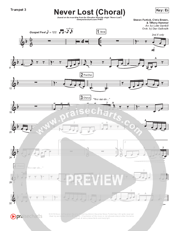 Never Lost (Choral Anthem SATB) Trumpet 3 (Elevation Worship / Arr. Luke Gambill)
