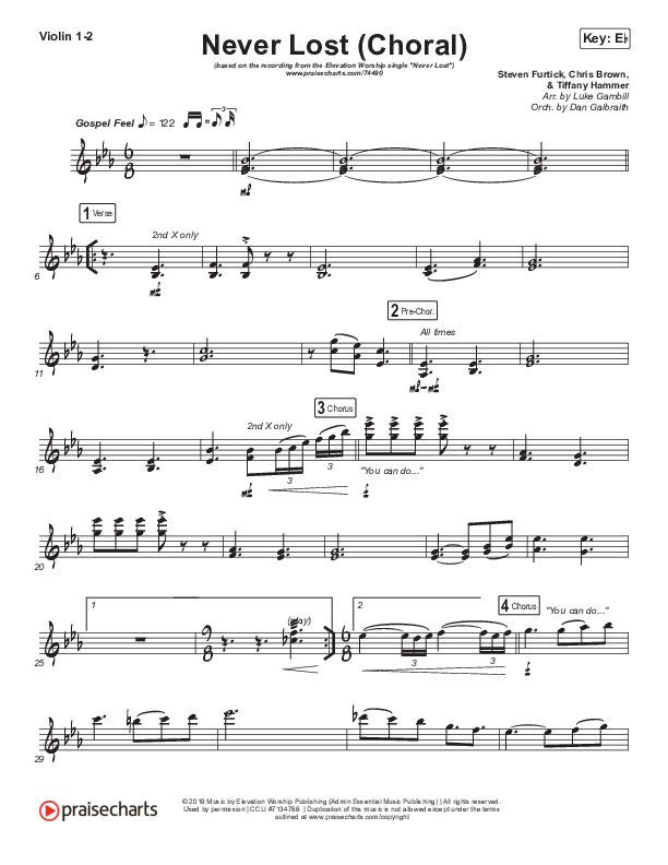 Never Lost (Choral Anthem SATB) Violin 1/2 (Elevation Worship / Arr. Luke Gambill)