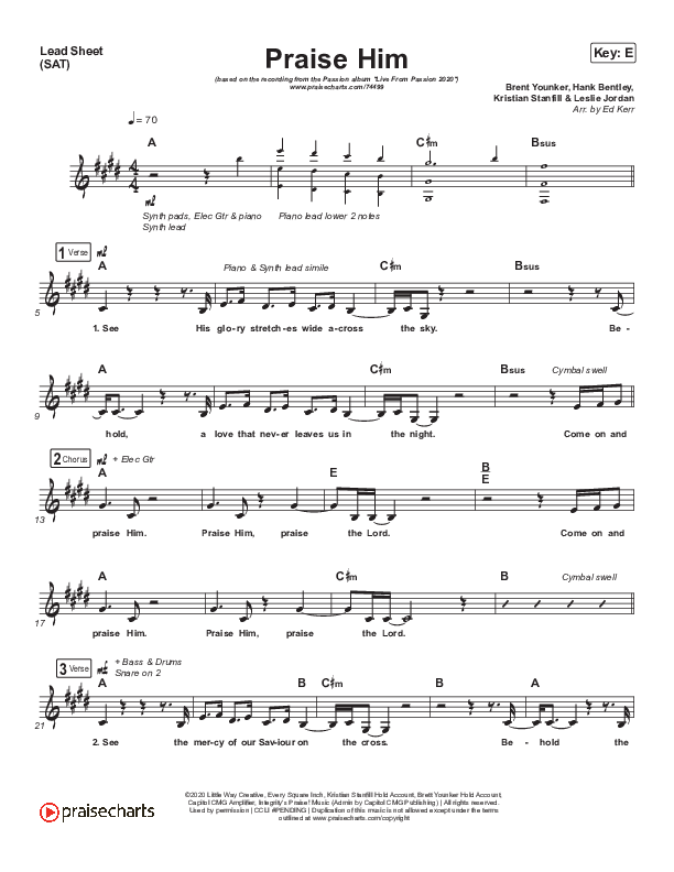 Praise Him (Live From Passion 2020) Lead Sheet (SAT) (Passion / Melodie Malone)