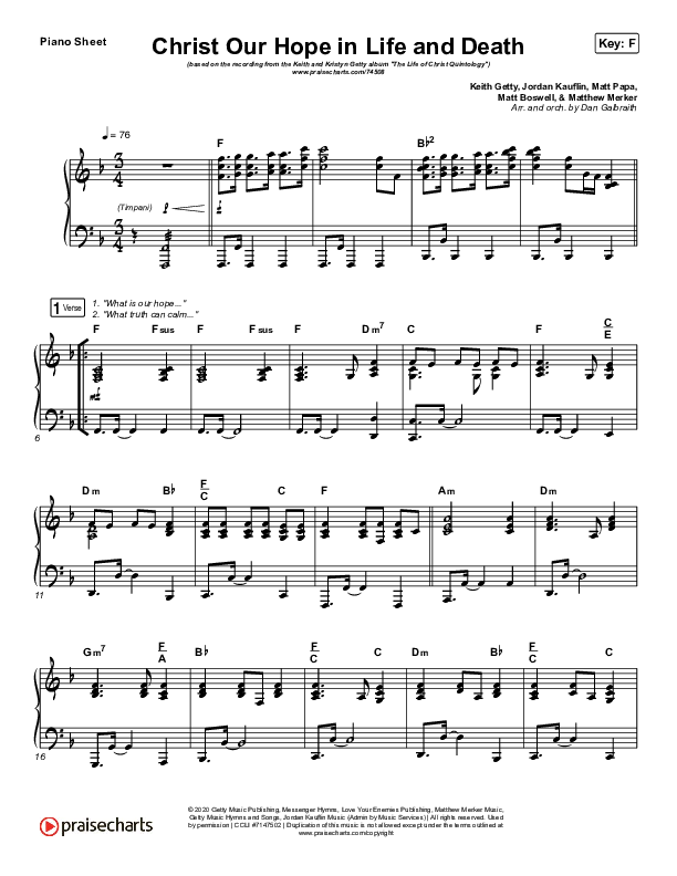 Christ Our Hope In Life And Death Piano Sheet (Matt Papa / Keith & Kristyn Getty)