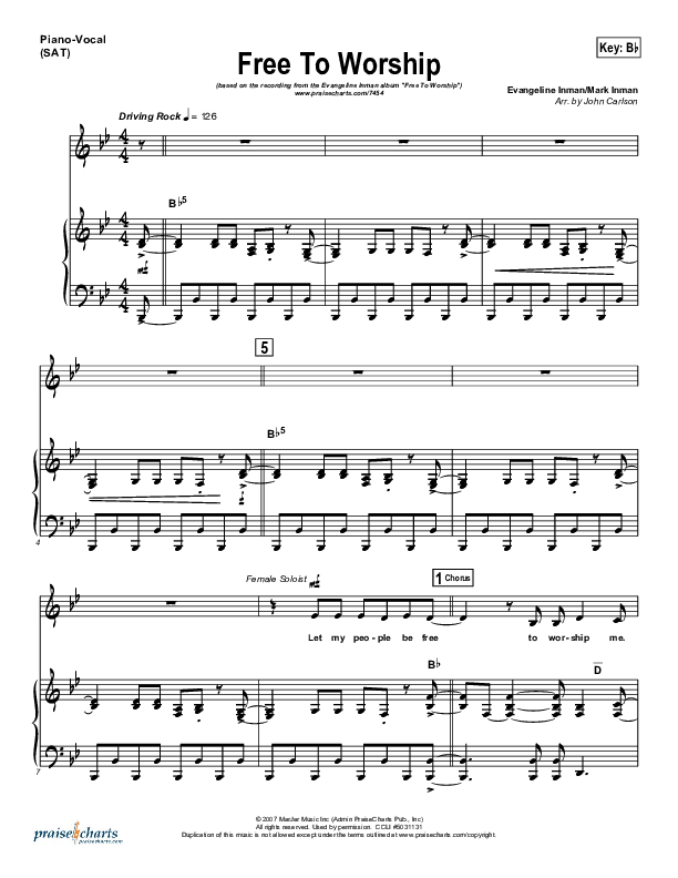 Free To Worship Piano/Vocal (SAT) (Evangeline Inman)