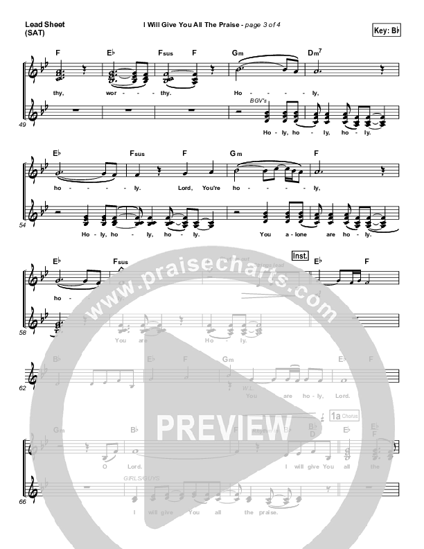I Will Give You All The Praise Lead Sheet (SAT) (4Given)